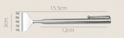 A silver portable back scratcher with dimensions: 15.5 cm in length, 3 cm at the scratcher surface, and 12 cm between the handle and the scratcher surface.