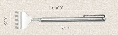 A silver portable back scratcher with dimensions: 15.5 cm in length, 3 cm at the scratcher surface, and 12 cm between the handle and the scratcher surface.