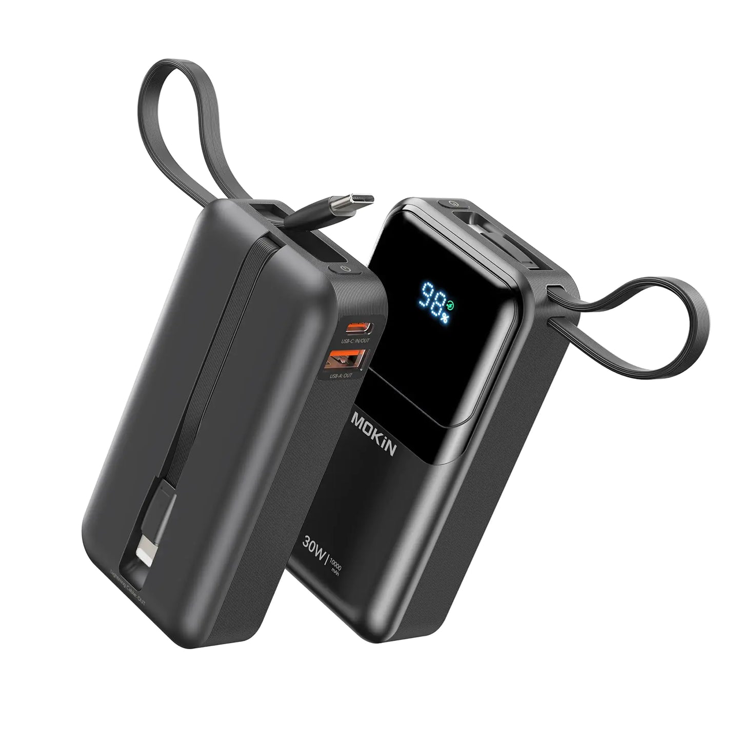 A black portable charger with a digital display, featuring a power bank design with integrated cables. The digital display shows the battery percentage.