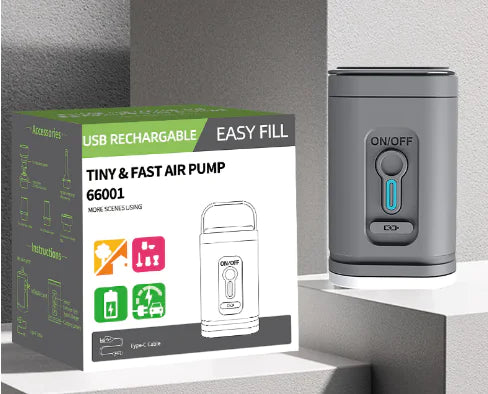 The image shows a portable electric air pump with its packaging. The pump is compact and modern, with a digital display and a gray color.