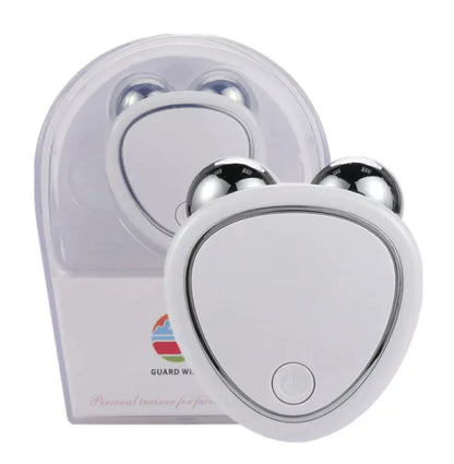 A portable facial micro-current beauty massager in pink color, displayed in its packaging, with a clear window showing the device inside.