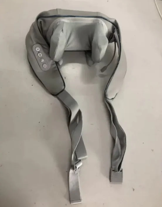 A gray portable neck protection massage wrap with control buttons on the left side, designed for deep tissue massage with heat therapy.