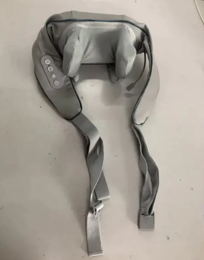A gray portable neck protection massage wrap with control buttons on the left side, designed for deep tissue massage with heat therapy.