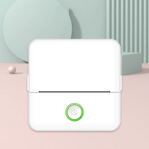 A compact white portable thermal printer with a green power button, displayed on a dual-tone background with abstract shapes.