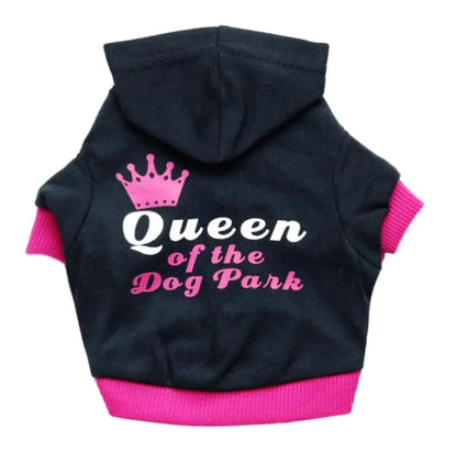 A dark-colored pet hoodie with 'FBI' printed in yellow letters on the back.