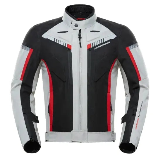 A black motorcycle riding jacket with red accents and built-in CE-approved armor at the shoulders, elbows, and back.