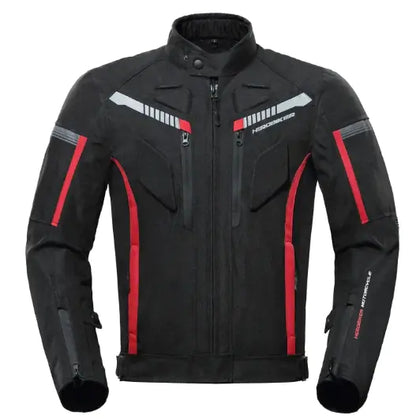 A black motorcycle riding jacket with red accents and built-in CE-approved armor at the shoulders, elbows, and back.