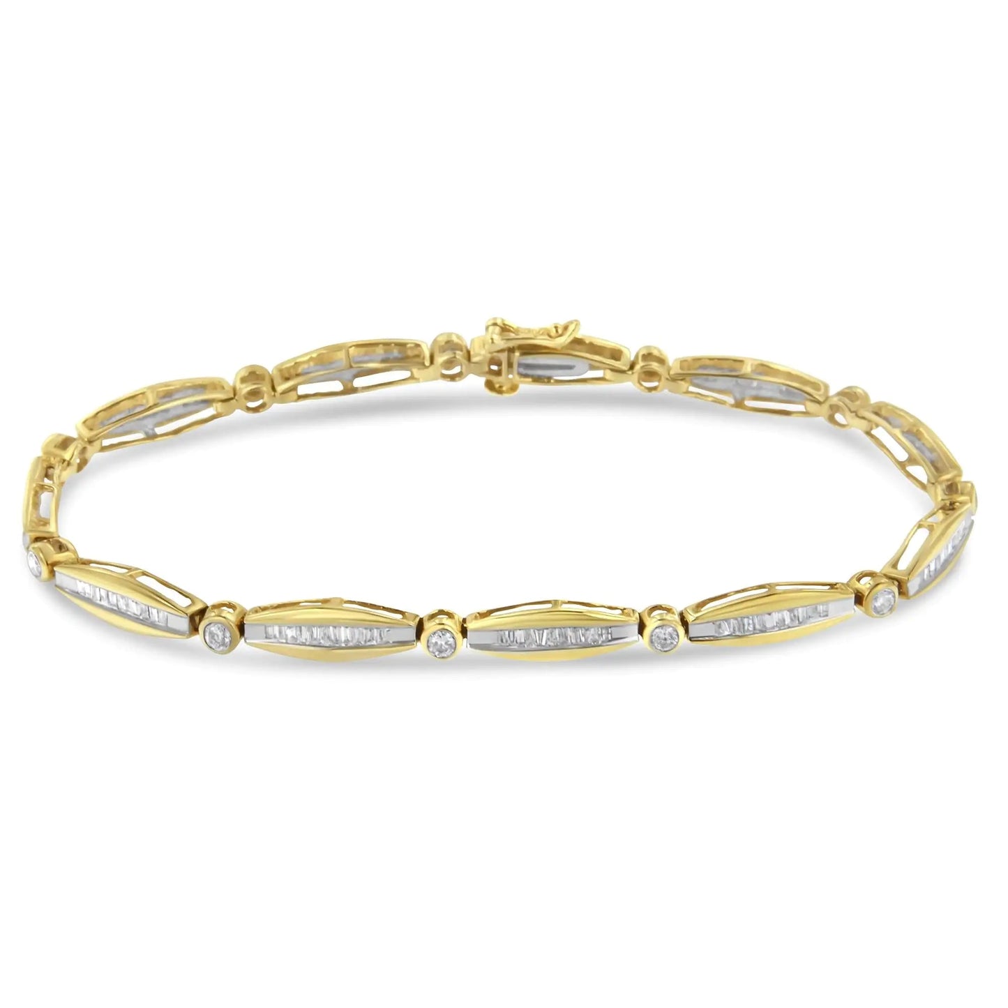 14K Yellow Gold 1-1/2 Cttw Round Brilliant-Cut & Baguette Cut Diamond Bezel and Tapered Link 7" Tennis Bracelet (H-I Color, I1-I2 Clarity) WEM Support (www.WEM.support)
