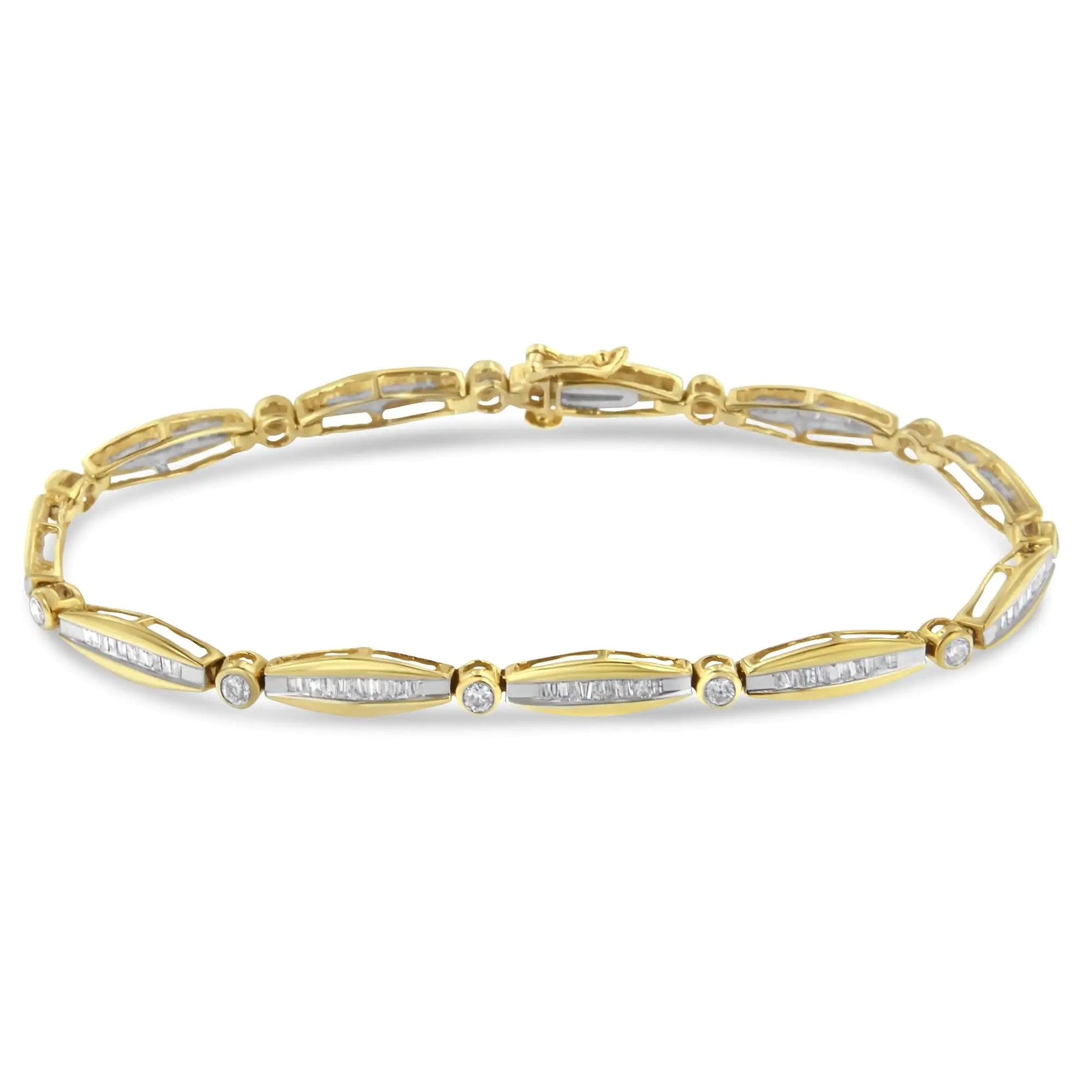 14K Yellow Gold 1-1/2 Cttw Round Brilliant-Cut & Baguette Cut Diamond Bezel and Tapered Link 7" Tennis Bracelet (H-I Color, I1-I2 Clarity) WEM Support (www.WEM.support)