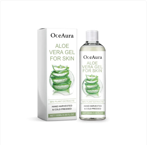A product image featuring Oce Aura Aloe Vera Gel for skin, packaged in a 100ml white bottle with a green label and a box with product details.