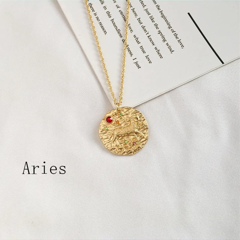 Gold Coin Disk Pendant Zodiac Necklace WEM Support (www.WEM.support)