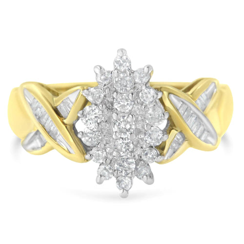 10K Two-Toned Round Baguette Diamond Cluster Ring (1/2 Cttw, I-J Color, I2-I3 Clarity) WEM Support (www.WEM.support)