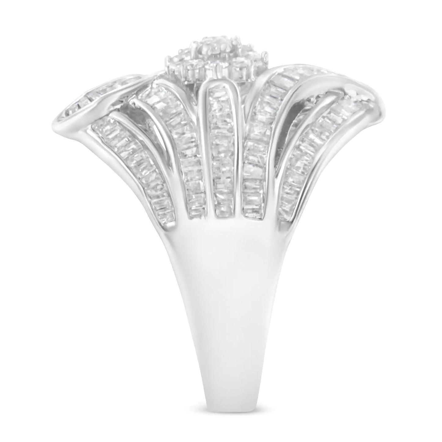 .925 Sterling Silver 1-1/8 Cttw Round & Baguette Diamond 'Flower & Fern' Cluster Cocktail Fashion Ring (I-J Color, I2-I3 Clarity) WEM Support (www.WEM.support)