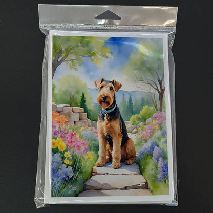 Airedale Terrier Spring Garden Greeting Cards Pack of 8 WEM Support (www.WEM.support)