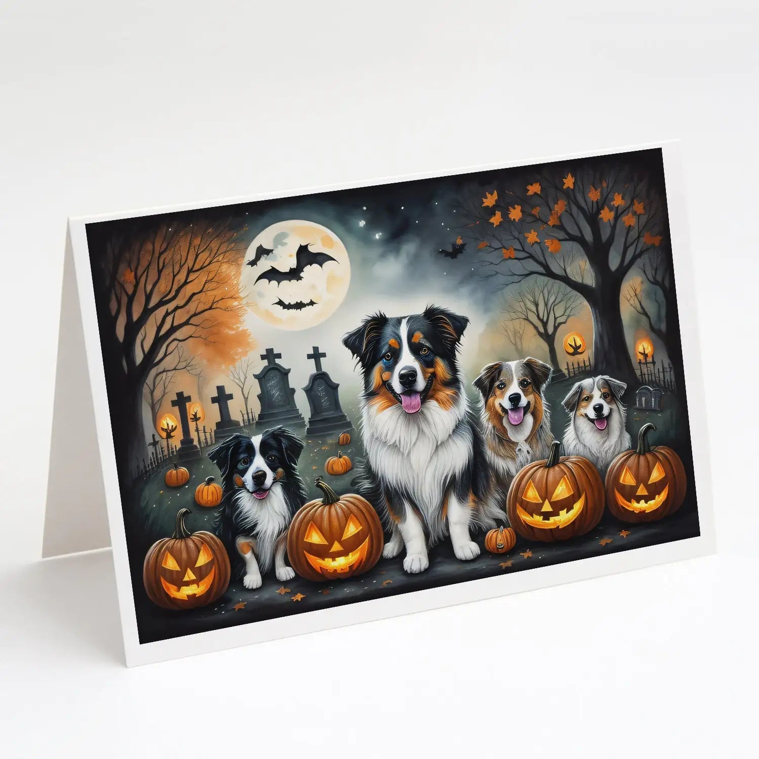 Australian Shepherd Spooky Halloween Greeting Cards Pack of 8 WEM Support (www.WEM.support)