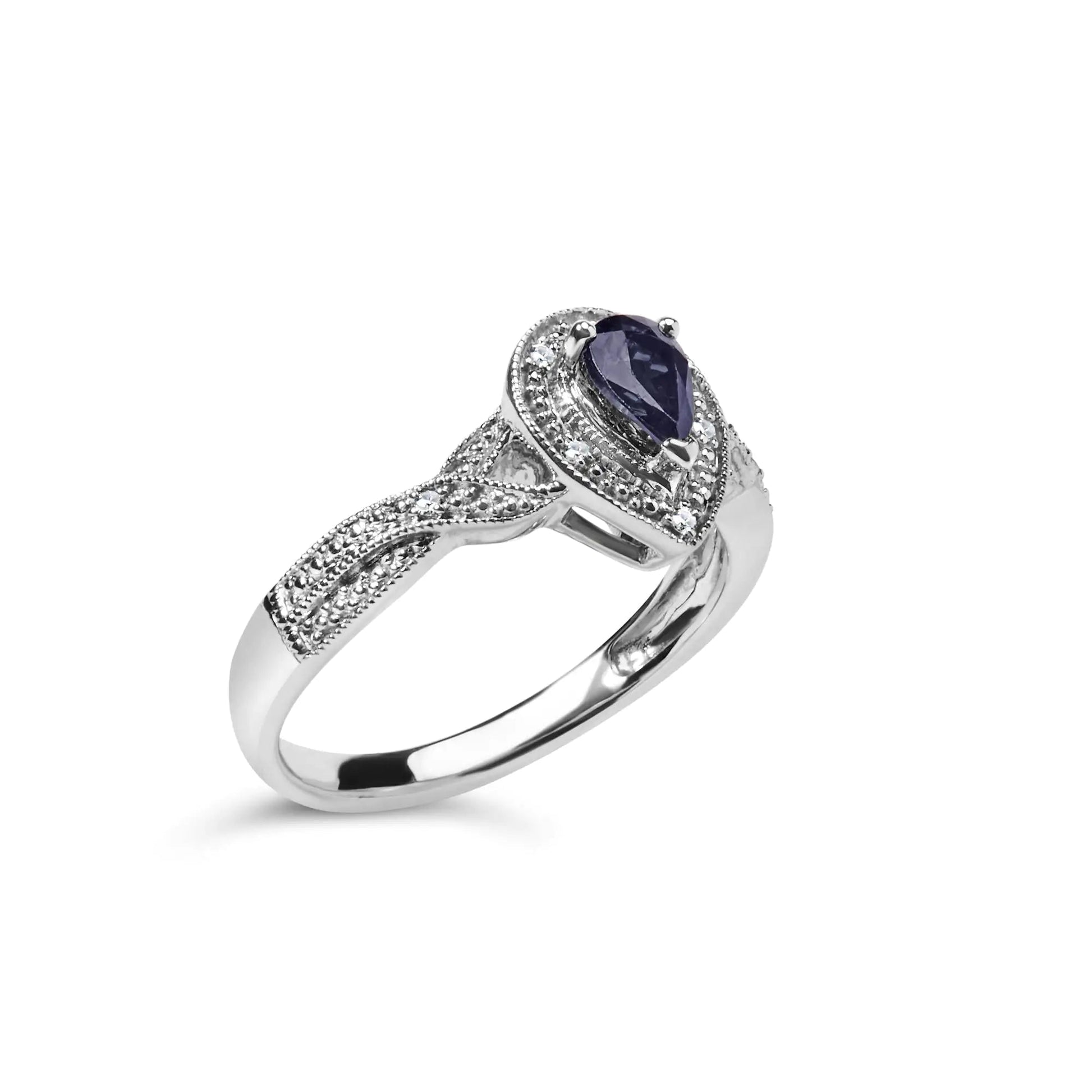 .925 Sterling Silver 6x4mm Pear Sapphire Gemstone with Diamond Accent Fashion Halo Ring (H-I Color, SI1-SI2 Clarity) WEM Support (www.WEM.support)