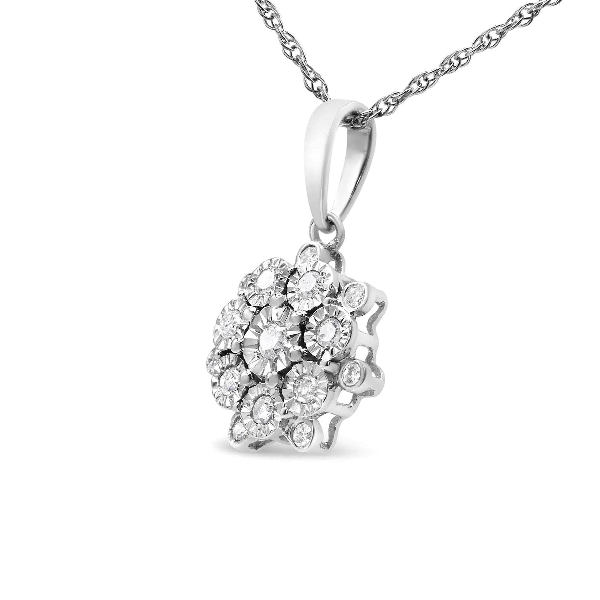 .925 Sterling Silver 1/4 Cttw Miracle Set Diamond Floral Cluster 18" Pendant Necklace for Women (I-J Color, I1-I2 Clarity) WEM Support (www.WEM.support)