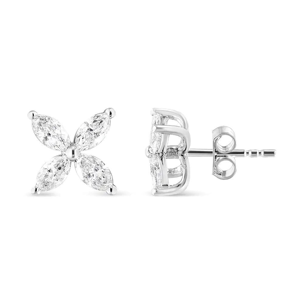 14K White Gold 1.0 Cttw Lab Grown Marquise Diamond 8 Stone Floral Leaf Stud Earrings (F-G Color, VS2-SI1 Clarity) WEM Support (www.WEM.support)