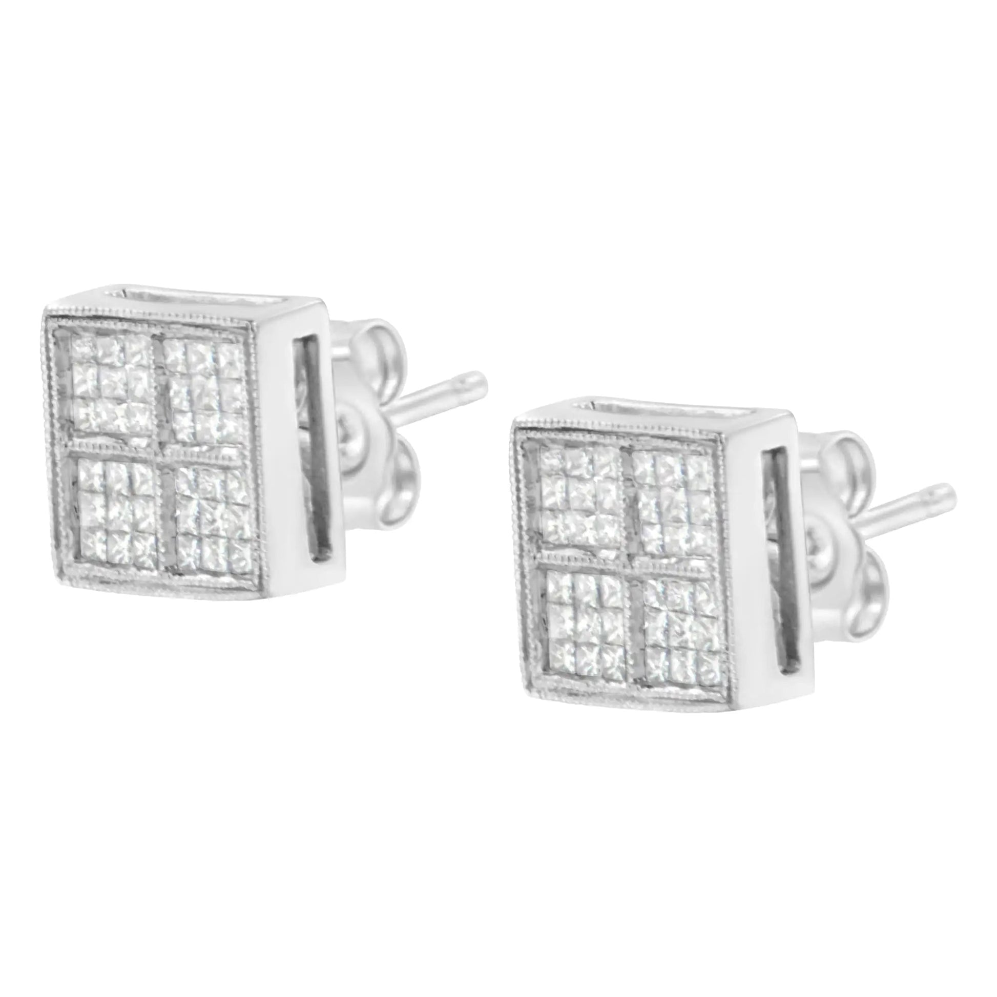14K White Gold 1/2 Cttw Princess Diamond Composite Box Shape Milgrain Stud Earrings (H-I Color, SI1-SI2 Clarity) WEM Support (www.WEM.support)