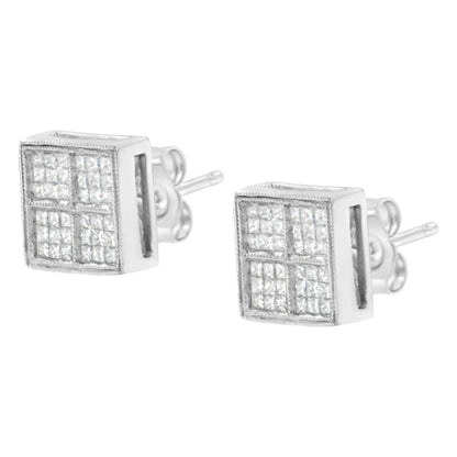 14K White Gold 1/2 Cttw Princess Diamond Composite Box Shape Milgrain Stud Earrings (H-I Color, SI1-SI2 Clarity) WEM Support (www.WEM.support)