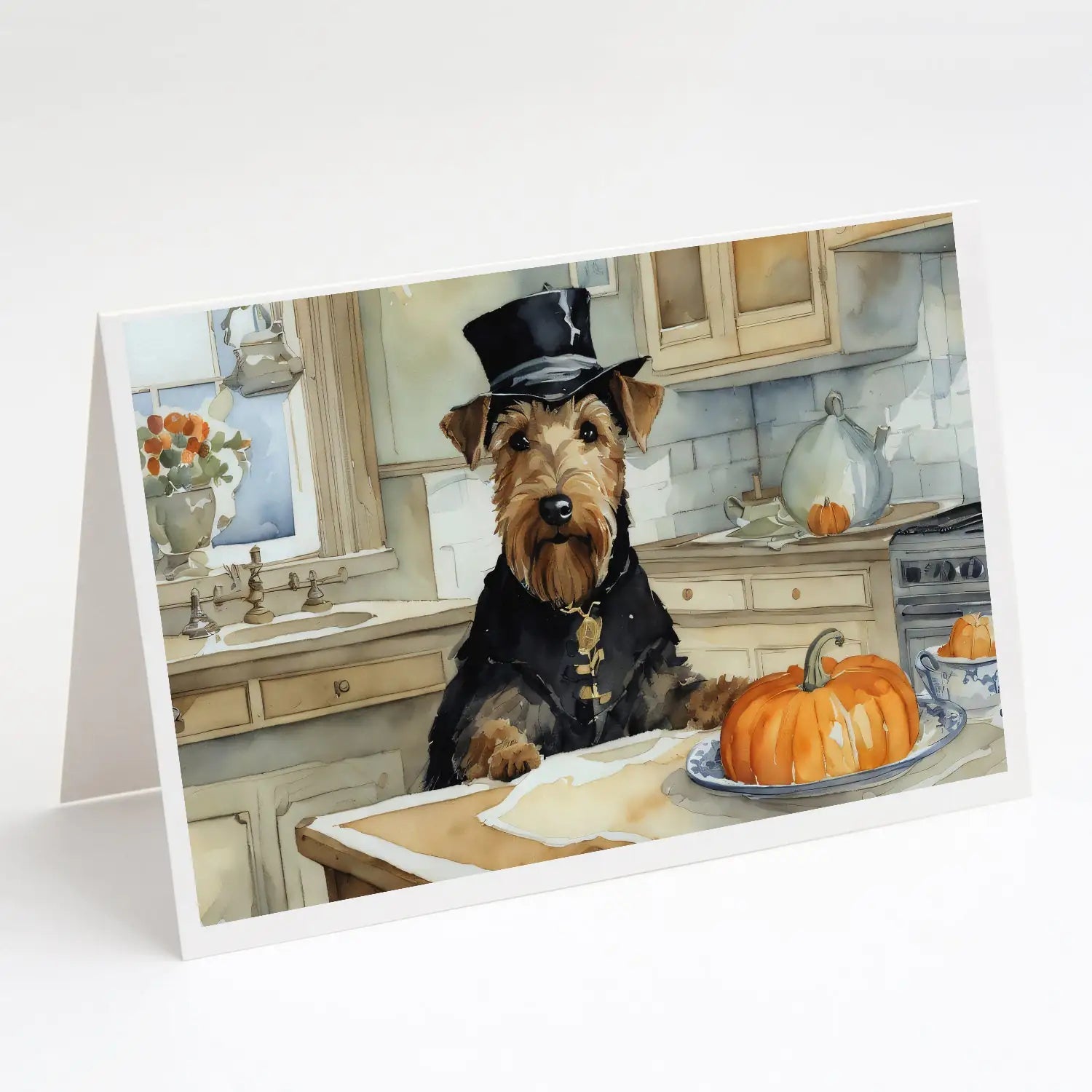 Airedale Terrier Fall Kitchen Pumpkins Greeting Cards Pack of 8 WEM Support (www.WEM.support)