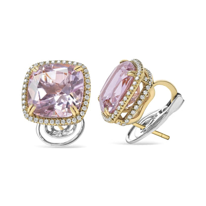 18K Rose and White Gold 9/10 Cttw Round Diamond and 15mm Cushion Cut Rose De France Pink Amethyst Gemstone Clip On Stud Earring (G-H Color, SI1-SI2 Clarity) WEM Support (www.WEM.support)