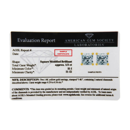 14K Yellow Gold Clarity Enhanced Princess Cut Diamond Certified Stud Earrings (0.50 cttw, H-I Color, I1-I2 Clarity) WEM Support (www.WEM.support)
