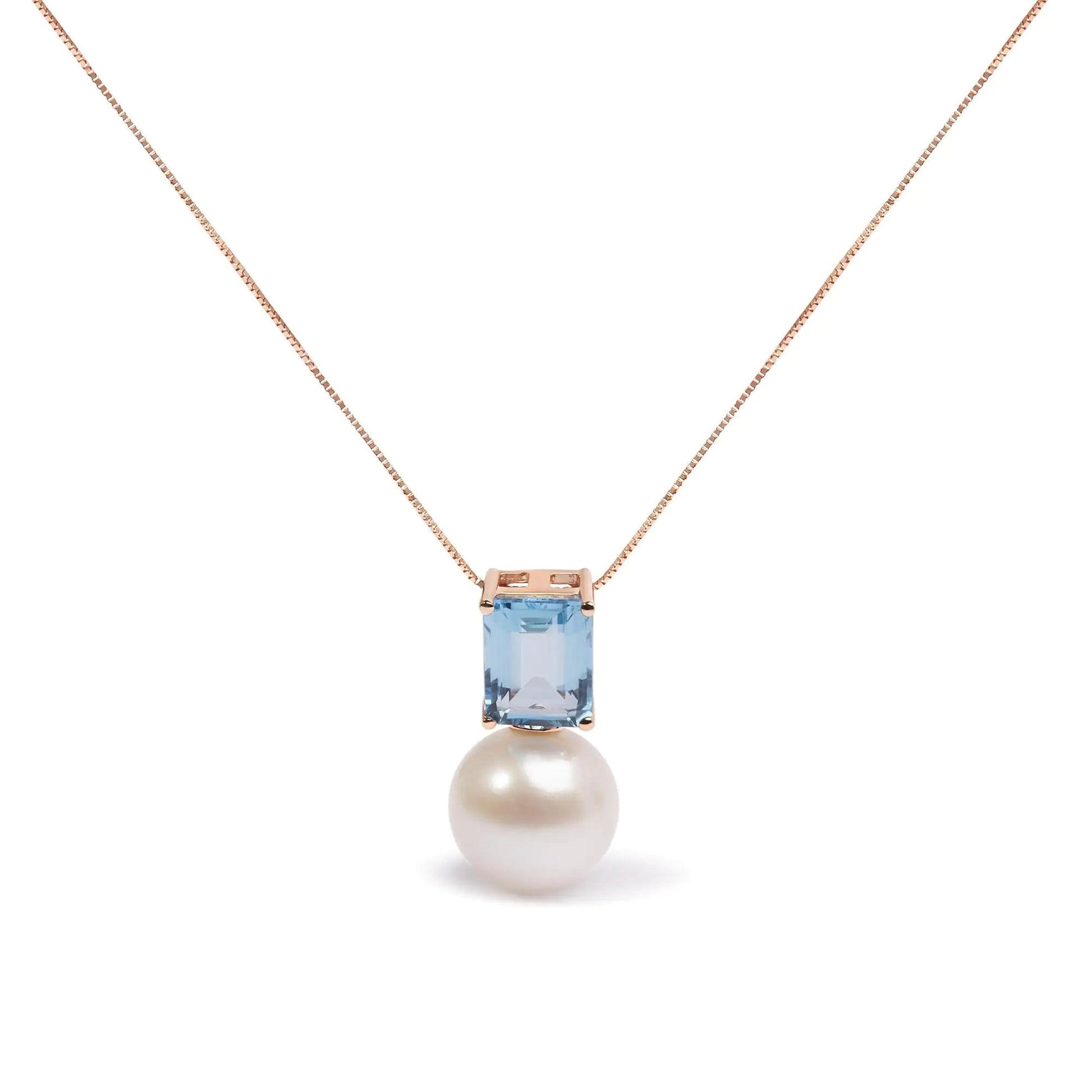 14K Rose Gold 11MM Cultured Freshwater Pearl and 9x7mm Octagon Swiss Blue Topaz Pendant Necklace - 18" Inches WEM Support (www.WEM.support)