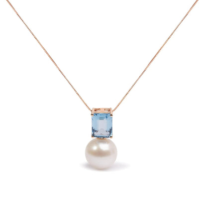 14K Rose Gold 11MM Cultured Freshwater Pearl and 9x7mm Octagon Swiss Blue Topaz Pendant Necklace - 18" Inches WEM Support (www.WEM.support)