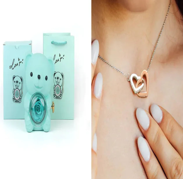 Eternal Rose Teddy Bear Jewelry Box & Necklace WEM Support (www.WEM.support)