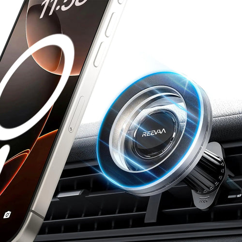 A black REEVAA brand magnetic car mount with a blue light ring, attached to a car vent and holding a smartphone.