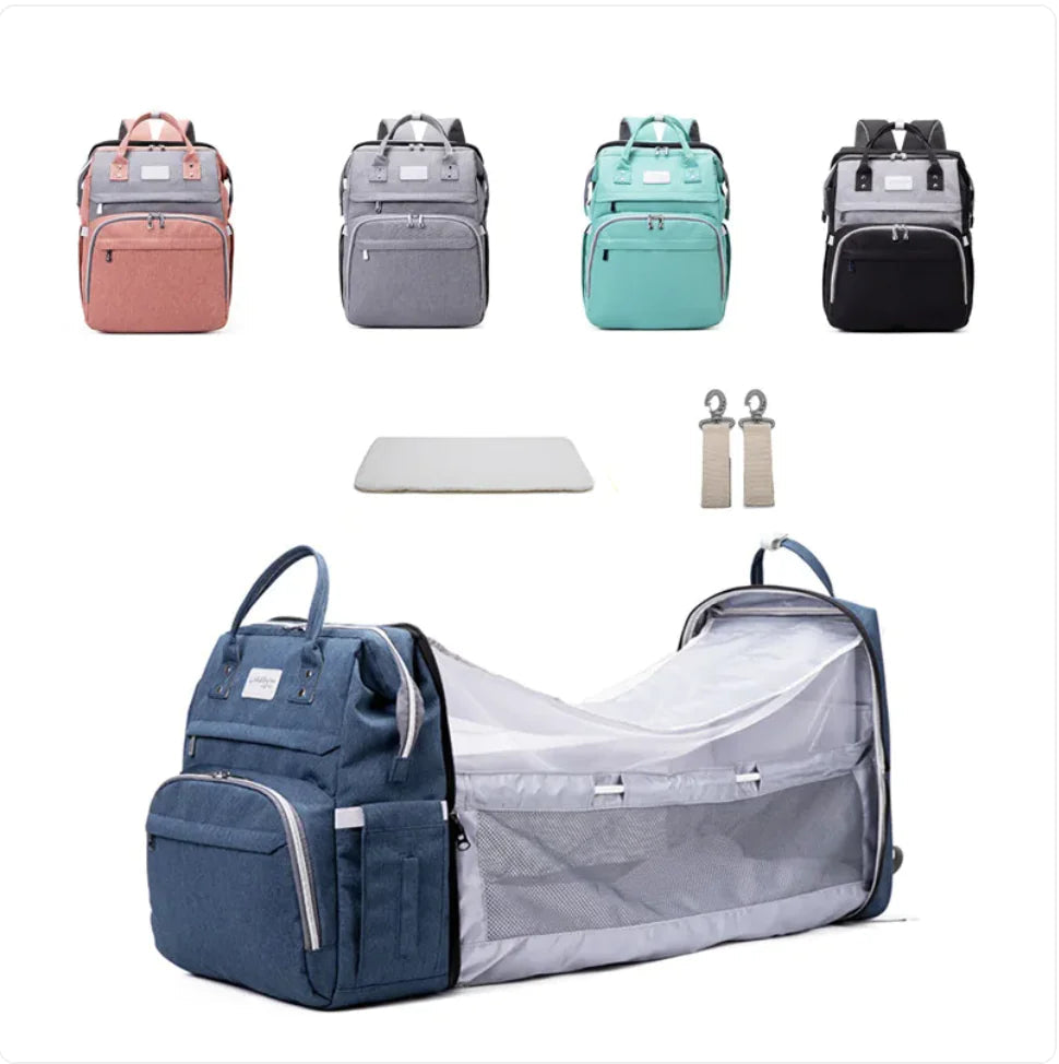 Multifunctional Maternity Diaper Backpack with Removable Mosquito Net and Baby Crib WEM Support (www.WEM.support)