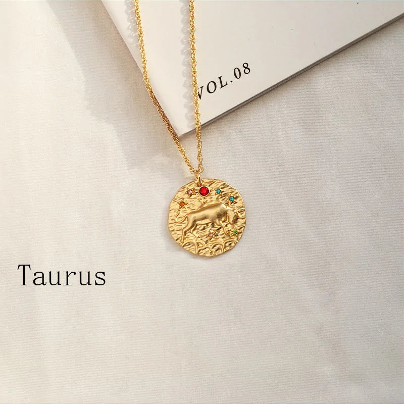 Gold Coin Disk Pendant Zodiac Necklace WEM Support (www.WEM.support)