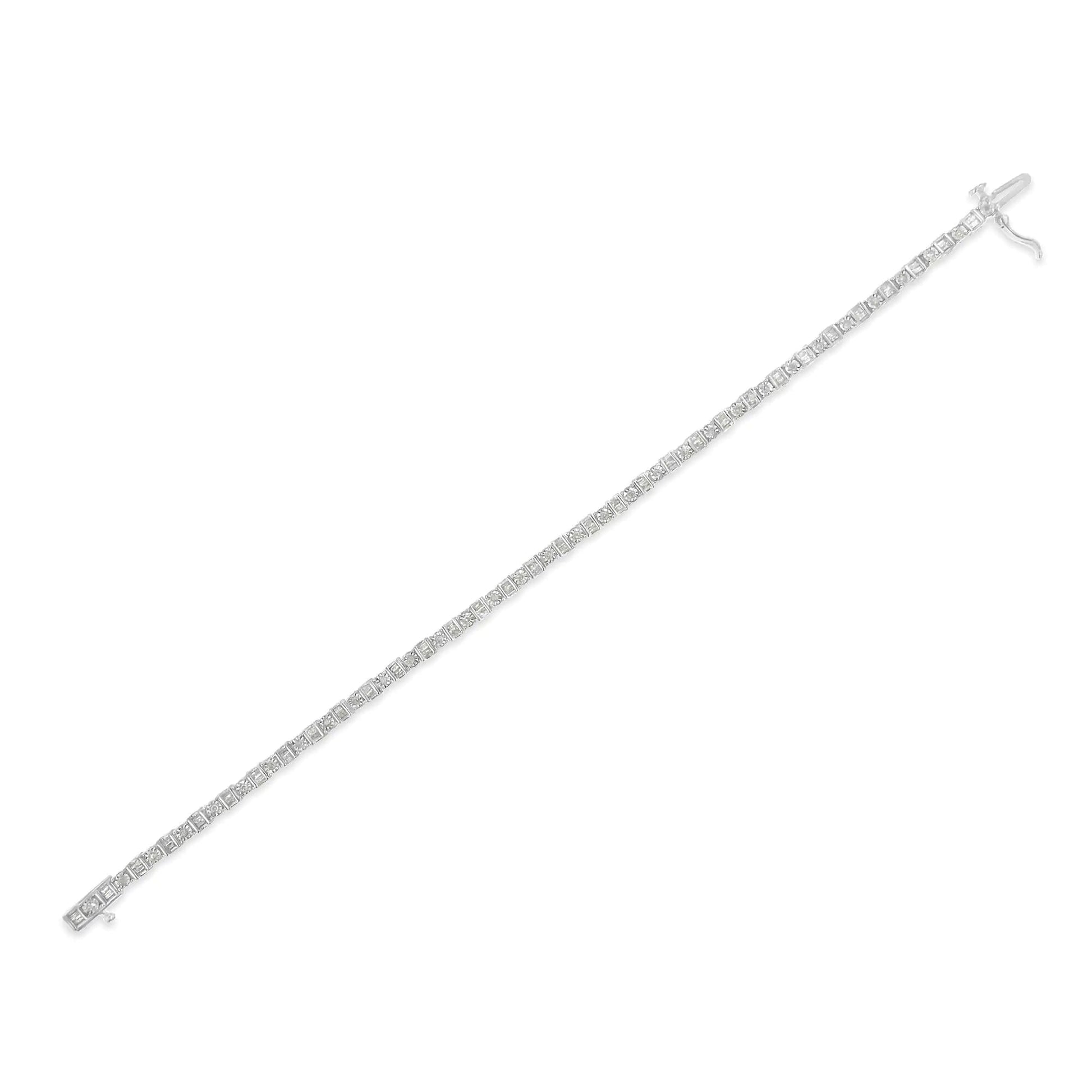 10K White Gold 1.0 Cttw Baguette & Round Diamond Alternating Link Tennis Bracelet (I-J Color, I2-I3 Clarity) - 7” WEM Support (www.WEM.support)