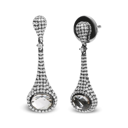 Black Rhodium Plated 18K White Gold 1 3/8 Cttw Round Pave Diamonds and 8x6mm Oval White Quartz Gemstone Sculptural Drop and Dangle Earrings (G-H Color, SI1-SI2 Clarity) WEM Support (www.WEM.support)