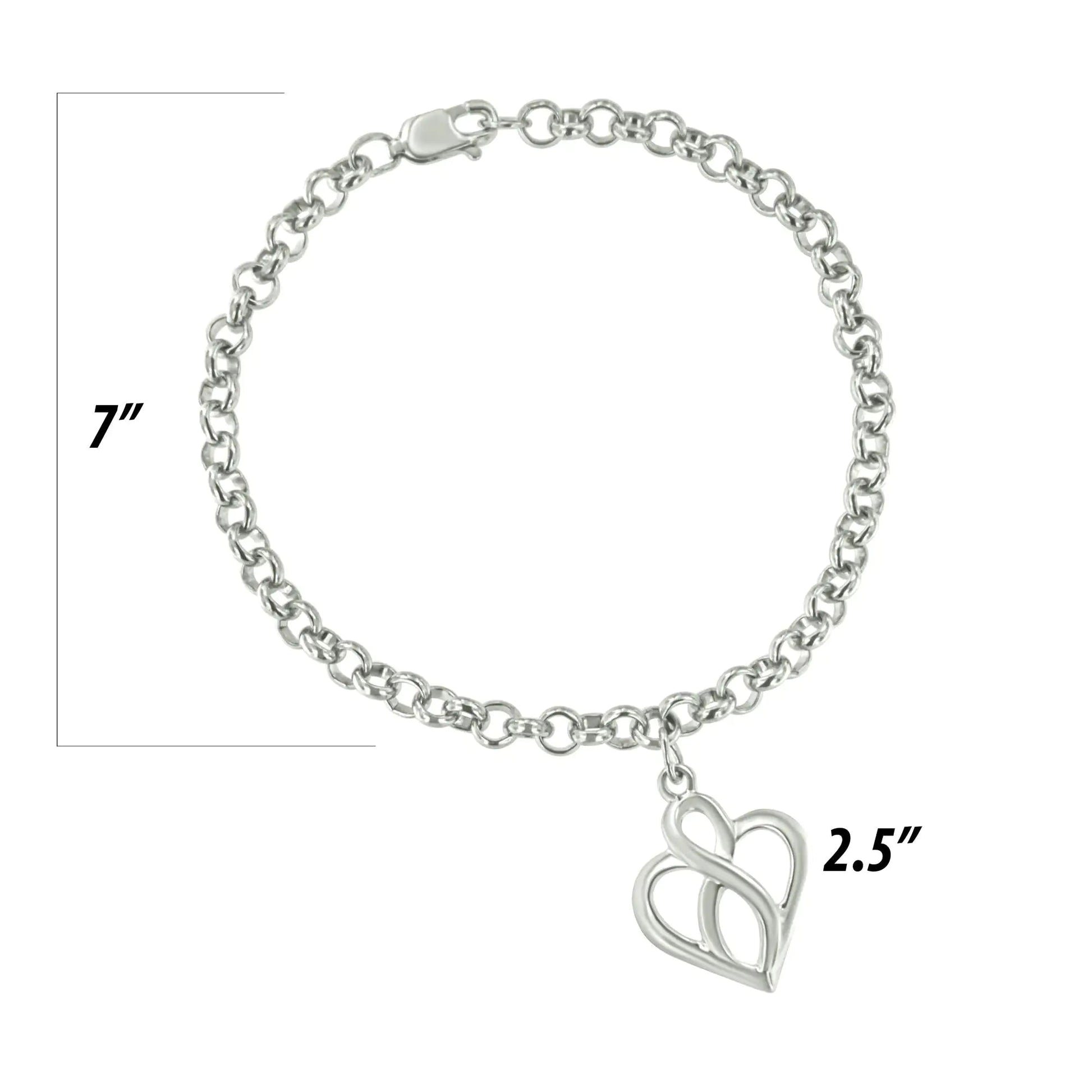 .925 Sterling Silver Open Heart with Center Vertical Infinity Chain Charm Bracelet - Size 7" WEM Support (www.WEM.support)