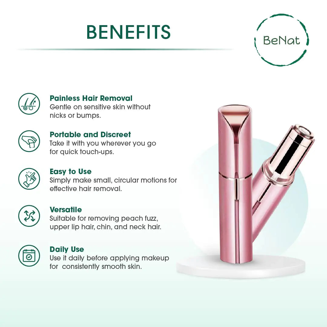 A promotional image featuring a portable pink facial and eyebrow hair remover device with benefits listed, including painless hair removal, portability, ease of use, versatility, and daily use suitability.