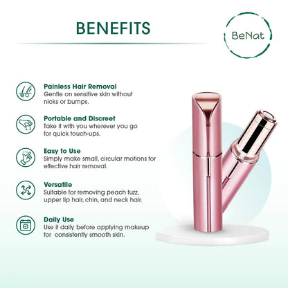 A promotional image featuring a portable pink facial and eyebrow hair remover device with benefits listed, including painless hair removal, portability, ease of use, versatility, and daily use suitability.