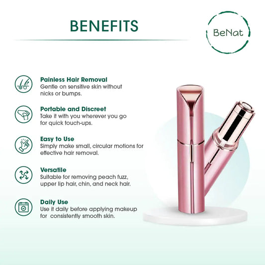 A promotional image featuring a portable pink facial and eyebrow hair remover device with benefits listed, including painless hair removal, portability, ease of use, versatility, and daily use suitability.