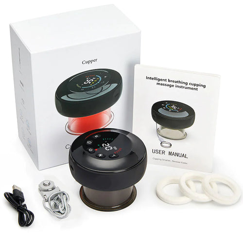 Electric cupping massager set with various attachments and a remote control, displayed alongside its packaging box and user manual.