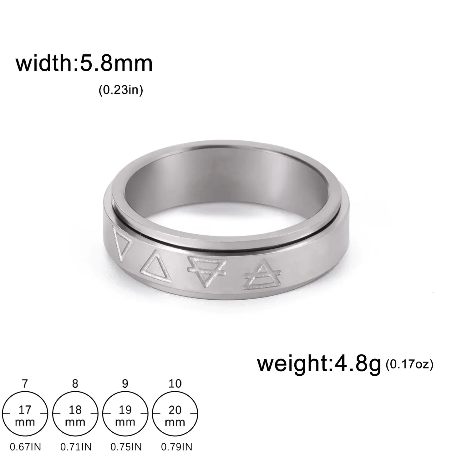 A stainless steel ring with a rotating triangle pattern design.