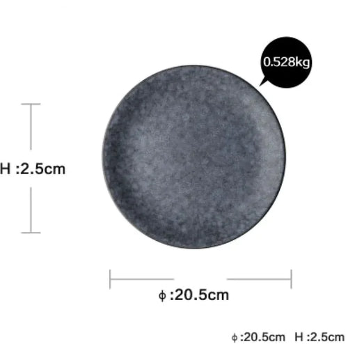 A round gray ceramic dinner plate with dimensions labeled, indicating it is 20.5 cm in diameter and 2.5 cm in height.