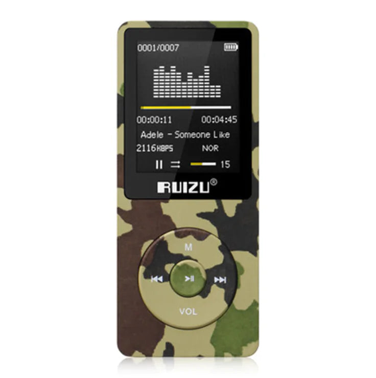 A RuiZu X02 MP3 voice recorder and portable player with a camouflage pattern, displaying a color screen, navigation buttons, and the RuiZu brand logo.