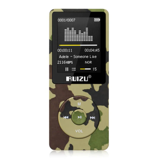 A RuiZu X02 MP3 voice recorder and portable player with a camouflage pattern, displaying a color screen, navigation buttons, and the RuiZu brand logo.