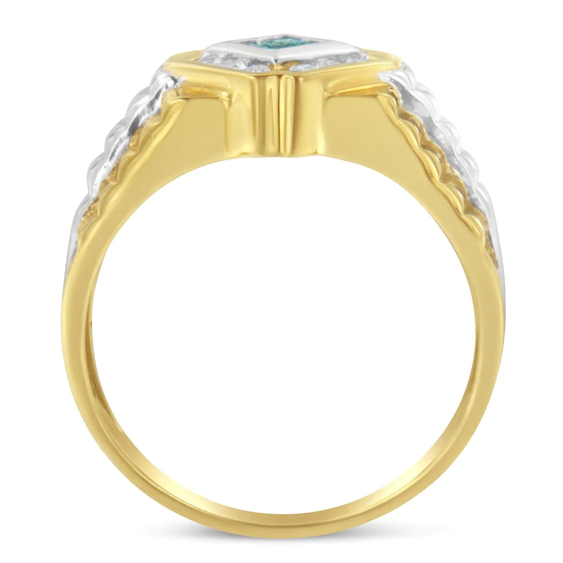 Men's 14kt Yellow and White Gold 1/2 cttw Treated Blue Princess-Cut and White Round-cut Diamond Signet Ring(Treated Blue/H-I,SI2-I1) WEM Support (www.WEM.support)