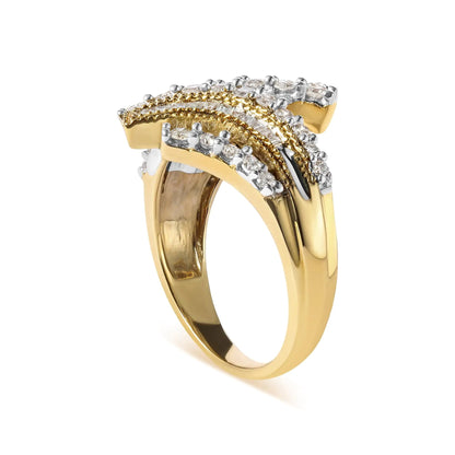 10K Yellow Gold 1.0 Cttw Round and Baguette Diamond Woven Bypass Ring (H-I,I1-I2) WEM Support (www.WEM.support)