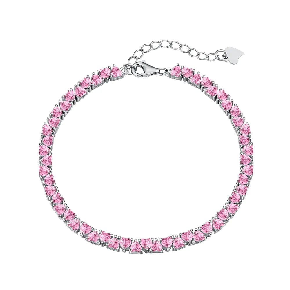 A sterling silver hip hop bracelet with pink zircon stones, featuring a secure clasp and a lustrous finish.