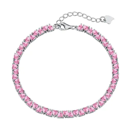 A sterling silver hip hop bracelet with pink zircon stones, featuring a secure clasp and a lustrous finish.