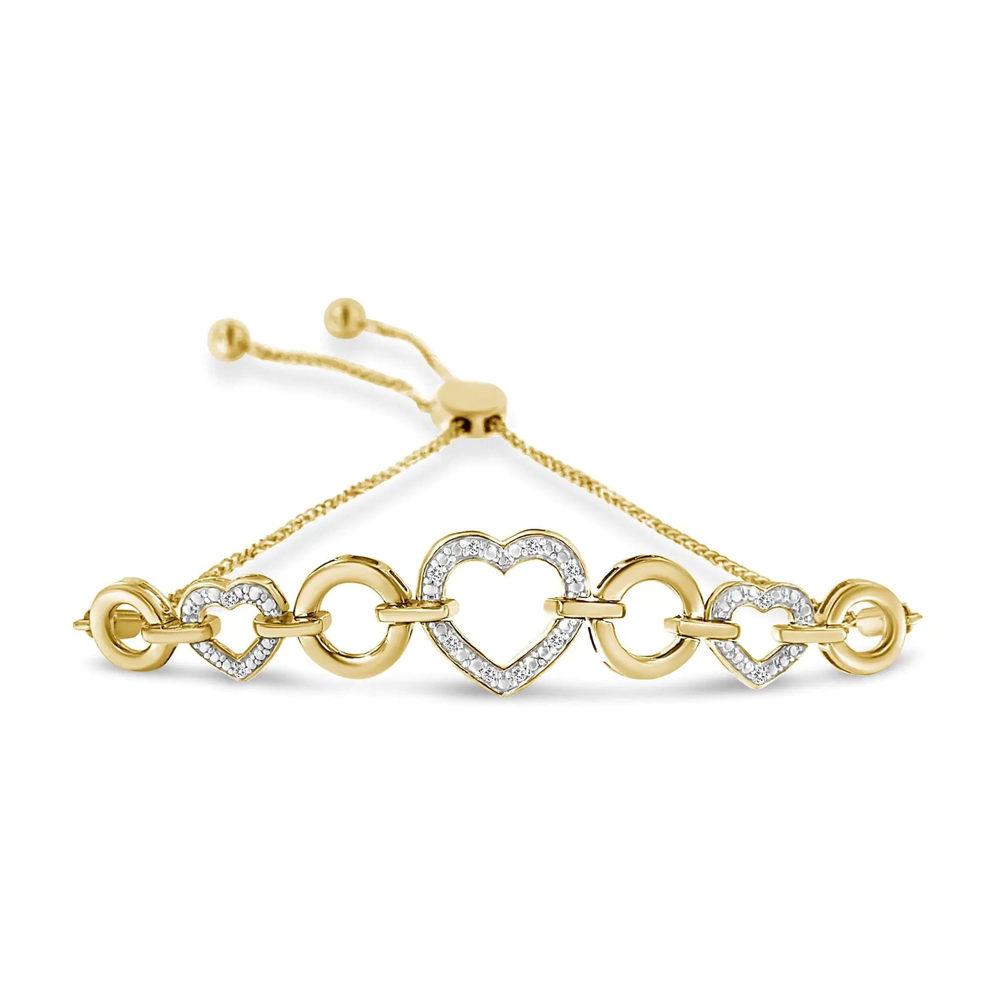 10K Yellow Gold over .925 Sterling Silver 1/10 Cttw Round-Cut Diamond Heart-Link Adjustable Bolo Bracelet (H-I Color, I2-I3 Clarity) - 6"-9" Adjustable WEM Support (www.WEM.support)