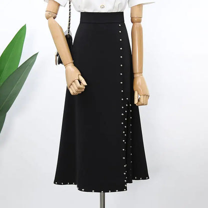 High-Waist Mid-Length Skirt with Rivet and Slit Design
